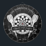 Tabla Dardos Casamento Personalizado da Família de Madeira Negr<br><div class="desc">Celebre seu dia especial com o Conselho de Dart Casado da Família de Madeira Negra e Branca. Com um design monocromático eterno, este quadro pode ser personalizado com o sobrenome do casal, fazer-o de uma única guarita ou de um presente de casamento lúdico. Perfeito para adicionar charme à sua casa...</div>