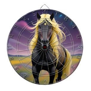 Tabla Dardos Cavalo Preto Majestoso com Crina Dourada Fluindo