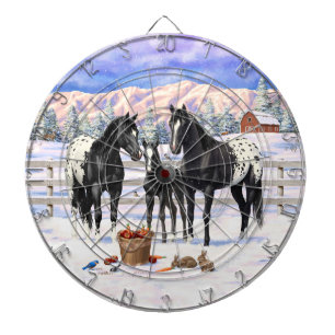 Tabla Dardos Cavalos De Appaloosa Pretos Numa Fazenda De Neve
