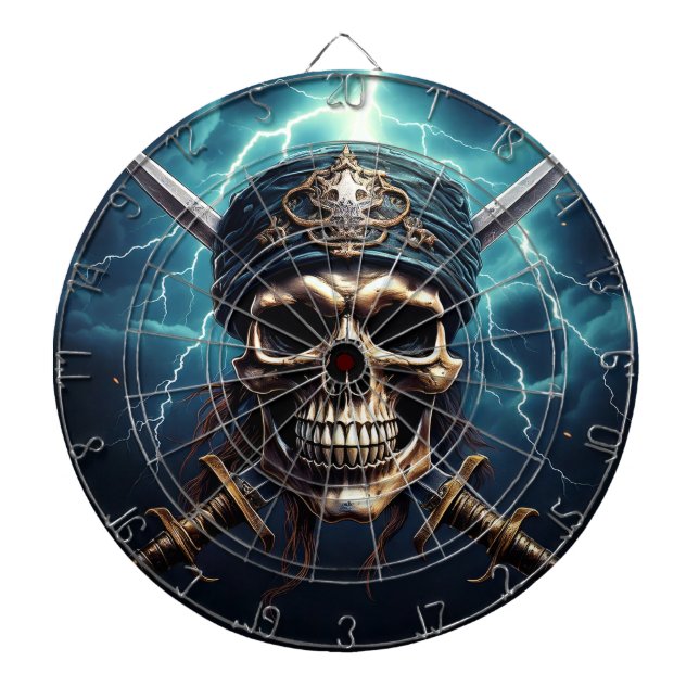 Tabla Dardos Caveira Pirata com Placa de Arte com Espadas (Frente)