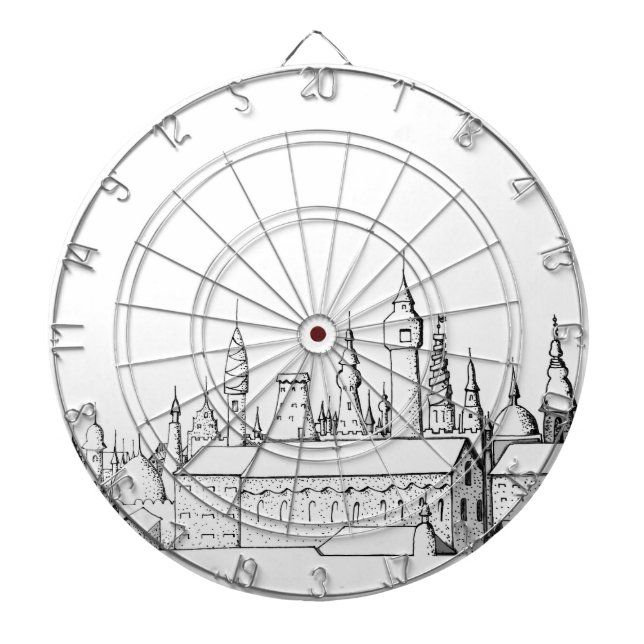 Tabla Dardos cidade fabulosa. trabalho de arte. preto e branco (Frente)