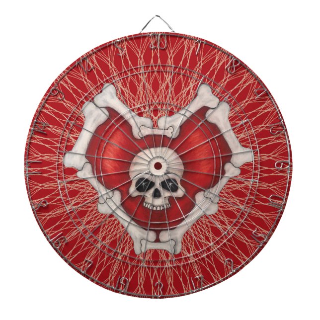 Tabla Dardos Coração Gótico Vermelho com Crânio Osso em Linhas  (Frente)