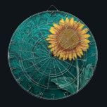 Tabla Dardos Couro Colado Amarelo Amarelo<br><div class="desc">Um girassol vibrante com uma face pétala amarela brilhante e um centro marrom circular. O girassol está posicionado no lado direito da imagem. Ao redor do girassol está um design detalhado e ornamentado, gravado em fundo de cor turquesa. Este design consiste em intrincados espirais e padrões que se assemelham a...</div>