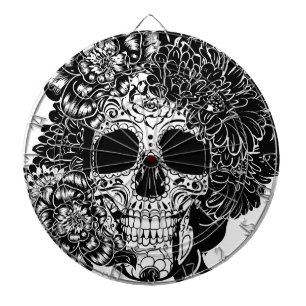 Tabla Dardos Crânio de açúcar com flores em preto e branco