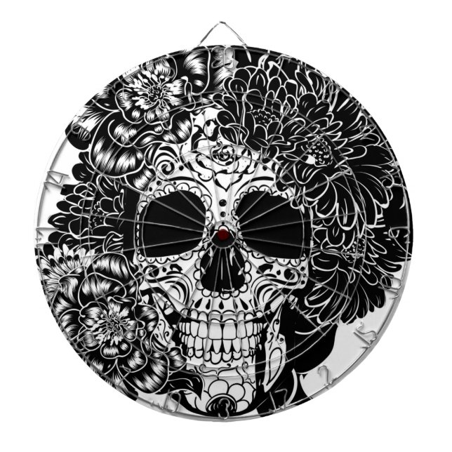 Tabla Dardos Crânio de açúcar com flores em preto e branco (Frente)