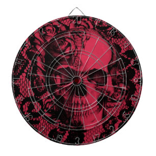 Tabla Dardos Crânio gótico do laço em vermelho escuro.