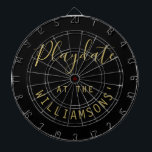 Tabla Dardos Custom Name Black Gold Playdate Script Minimalist<br><div class="desc">Personalized dartboard with a family name for example. Simple minimalist minimal design with the customizable phrase quote saying Playdate at the family name. Premium neutral black and gold look with a combination of trendy handwriting script calligraphy and a modern clean sans serif font typography. Playing darts game at family and...</div>