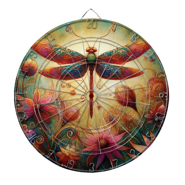 Tabla Dardos Dragonfly Floral Abstrato-Art Teal Rosa (Frente)