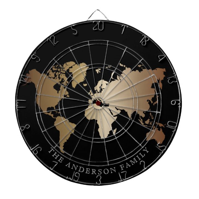 Tabla Dardos Elegant Black and Gold World Map  Monogram Name (Frente)