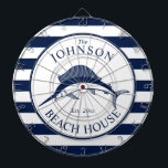 Tabla Dardos Espadarte temático náutico da casa de praia<br><div class="desc">Um dartboard do inteiramente customizável e divertimento ajustou-se com um tema náutico original. Caracteriza um espadarte centrado no meio em um marinho vibrante e em um esquema de cores branco. Todos os elementos estão no destravado e ajustável,  assim que têm o divertimento criar e lhe fazer seus próprios.</div>