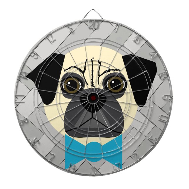 Tabla Dardos Fawn Pug com Bowtie, Herringbone cinza (Frente)
