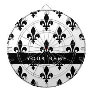 Tabla Dardos Fleur de Lis, Preto sobre Branco, Preto, Seu Nome