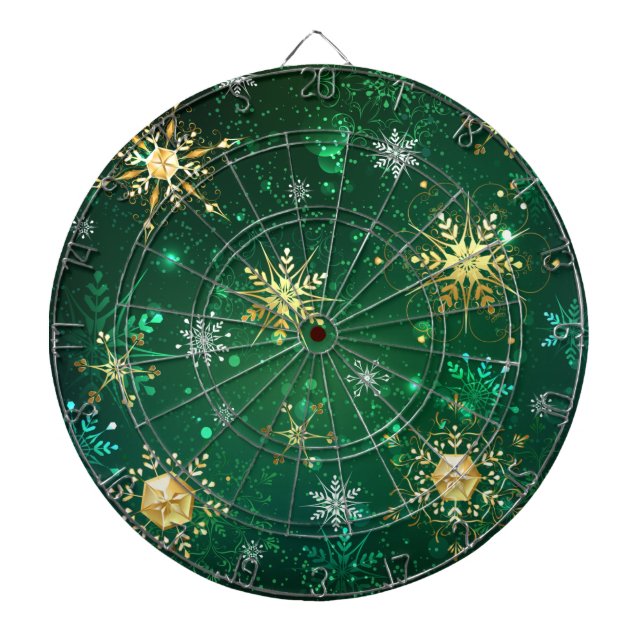 Tabla Dardos Flocos de neve do Ouro Xmas em fundo verde (Frente)