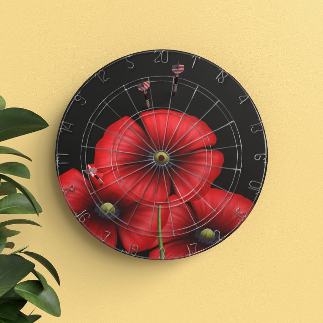Tabla Dardos Flores Pretas e Vermelhas Flores com Dartboard com (Pop a dart or three into this red and black poppy dartboard)