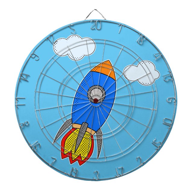 Tabla Dardos Foguete Espacial do Cartoon no Céu Azul (Frente)