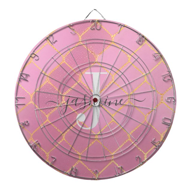 Tabla Dardos Glitter Monograma Script Rosa e Dourado Feminino (Frente)