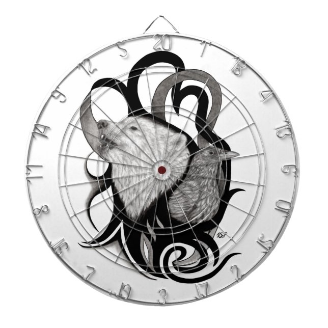 Tabla Dardos Lobo Branco com Arte Tribal Raven (Frente)