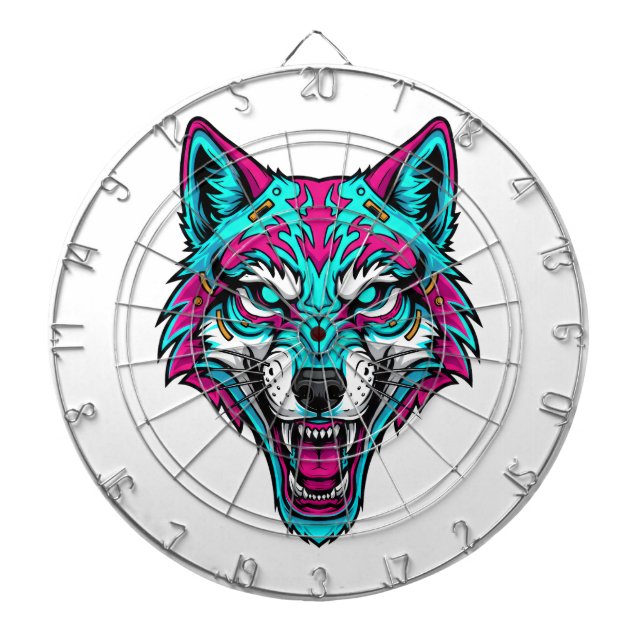 Tabla Dardos Lobo Neon Cyberpunk - Animal Robótico Synthwave (Frente)