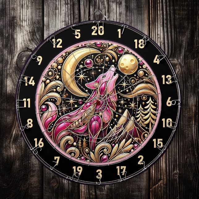 Tabla Dardos Lobo Rosa Engrena Sob Lua Ouro (Criador carregado)