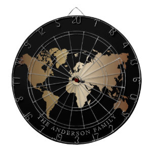 Tabla Dardos Mapa Mundial Elegante Preto e Dourado Monograma No