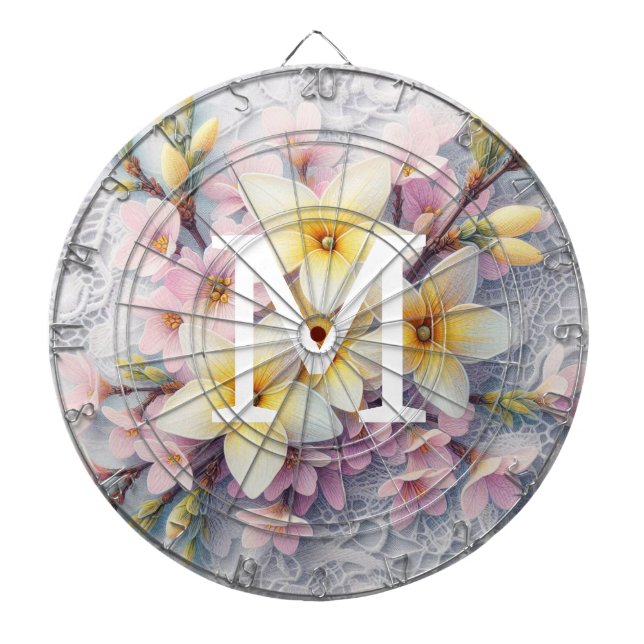 Tabla Dardos Monogram lace pink and yellow Spring flowers  (Frente)