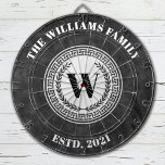 Tabla Dardos Nome da Família Monograma Crest Vintage<br><div class="desc">Um prato de arte legal preto e branco monograma personalizado com seu nome e data estabelecida. Excelente para uma sala de jogos de família,  ou caverna de homem. Projetado para você pelo Blackberry Boulevard.</div>