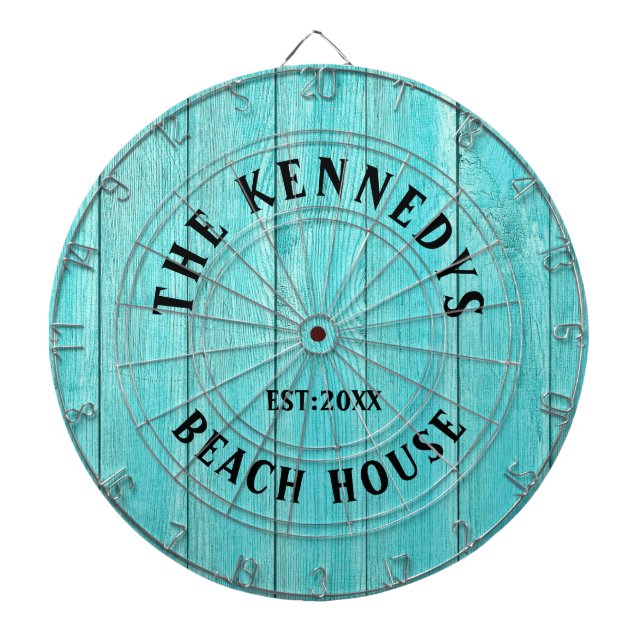 Tabla Dardos Nome da Família Rustic Blue Wood Beach House (Frente)