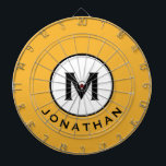 Tabla Dardos Nome do Monograma Amarelo da Mostarda legal<br><div class="desc">Legal conselho moderno de dardo,  amarelo-mostarda,  preto-e-branco,  com o nome inicial do monograma. Personalize com nome e inicial.</div>