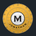 Tabla Dardos Nome do Monograma Amarelo da Mostarda legal<br><div class="desc">Legal conselho moderno de dardo,  amarelo-mostarda,  preto-e-branco,  com o nome inicial do monograma. Personalize com nome e inicial.</div>