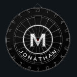 Tabla Dardos Nome Mínimo do Monograma Clássico Branco Preto<br><div class="desc">Conselho preto moderno com tipografia de blocos clássicos inicial e nome em branco. Personalize com nome e inicial.</div>