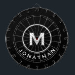 Tabla Dardos Nome Mínimo do Monograma Clássico Branco Preto<br><div class="desc">Conselho preto moderno com tipografia de blocos clássicos inicial e nome em branco. Personalize com nome e inicial.</div>