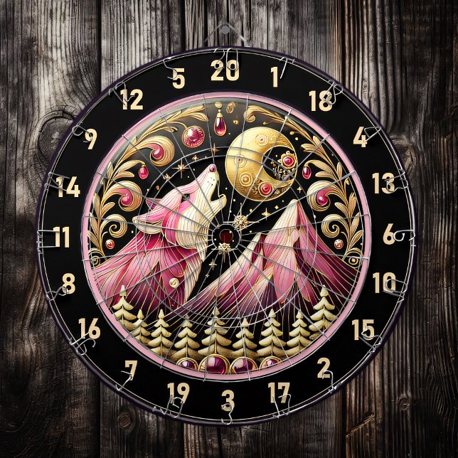 Tabla Dardos Ouro Lua abraça a legância do lobo rosa (Criador carregado)