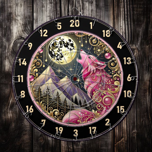 Tabla Dardos Ouro Lua abraça a legância do lobo rosa (Criador carregado)
