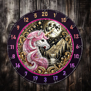 Tabla Dardos Ouro Moon destaca Unicórnio Rosa Majestoso
