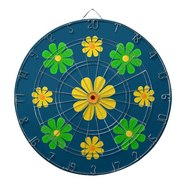 Tabla Dardos Personalize, flores amarelas verdes em azul escuro (Frente)