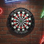 Tabla Dardos Personalized Family Dartboard Stay Focused Wall<br><div class="desc">This personalized family dartboard wall art features a bold and sporty design with the inspiring message “Stay Focused.” Customize it with your family name to create a unique decoration for game rooms, man caves, or home entertainment spaces. Perfect as a housewarming gift, family gift, or motivational décor for dart lovers...</div>