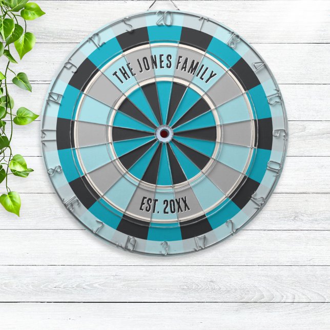 Tabla Dardos Personalized Family Name and Year Modern Blue (A stylish dartboard with cool dark blue and teal design, with custom name and "established" date)