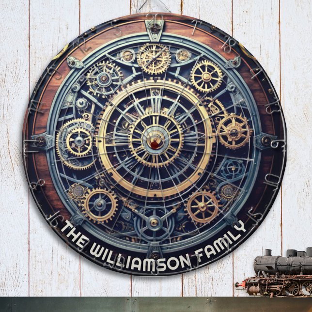 Tabla Dardos Personalized Steampunk Aesthetic Gears Family Name (A personalized Steampunk dart board, with design of cogs and gears with a retro industrial effect)