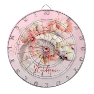 Tabla Dardos Pink Watercolor Dourado Koi Fish Floral Personaliz