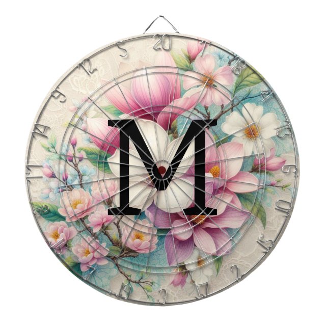 Tabla Dardos Renda monograma flores de magnólia rosa roxo  (Frente)