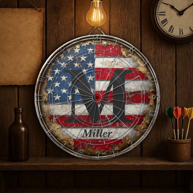 Tabla Dardos Rustic Distress USA Flag 4 De Julho Monograma (Rustic Distressed USA Flag 4th Of July Monogrammed Dart Board
)