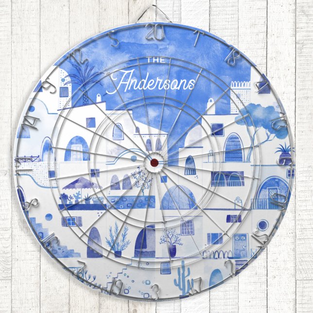 Tabla Dardos Santorini Watercolor Personalizado (Santorini Oia blue and white watercolor art dartboard)