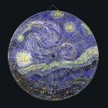 Tabla Dardos Starry Night por Vincent van Gogh<br><div class="desc">Starry Night, de Vincent van Gogh, é uma pintura de paisagem urbana de paisagens de apos impressionismo de arte com vista para o Santo Remy, França do asilo de van Gogh. O céu noturno está balançando com nuvens com uma lua crescente brilhante e estrelas brilhantes sobre a pequena vila. Starry...</div>