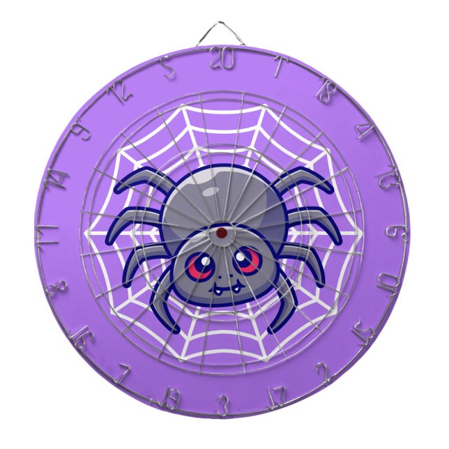 Tabla Dardos Tabuleiro de Dardos Teia de Aranha (A playful animated spider spins in its web on a vibrant purple background. )