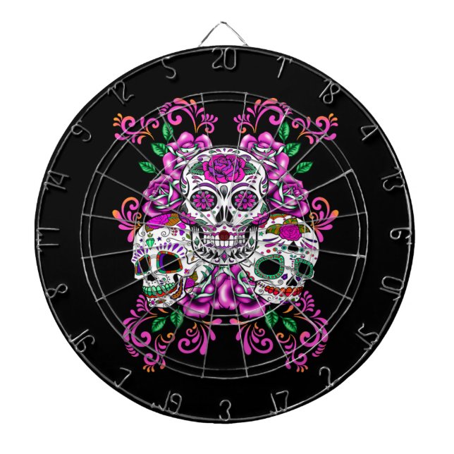 Tabla Dardos Três Caveiras Açúcar Flores Rosa Caveiras Mexicana (Frente)