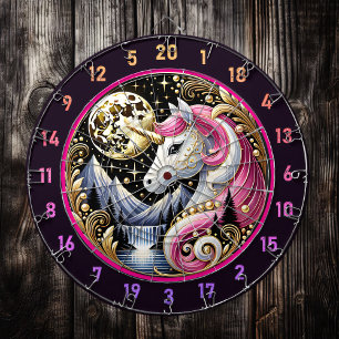 Tabla Dardos Unicórnio Rosa Brilha Abaixo da Lua Ouro