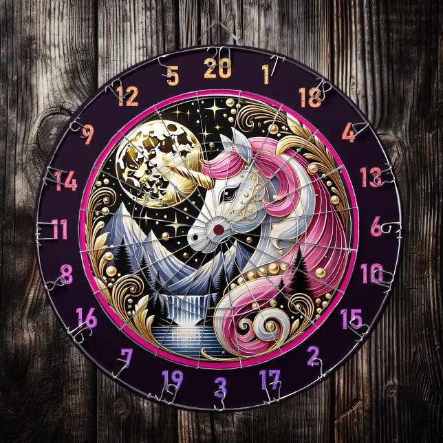 Tabla Dardos Unicórnio Rosa Brilha Abaixo da Lua Ouro (Criador carregado)