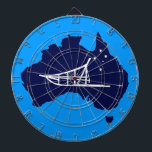 Tablero Dardos Abaixando o som<br><div class="desc">Uma simples silhueta branca de um trenó de cão e a Cruz do Sul sobrepuseram-se a um mapa azul da Austrália. Você pode escolher uma cor de fundo diferente. Quem teria mordido? Mudando de cabeça para baixo em Oz. O trenó de cachorro é bastante popular na Austrália. No Monte Hotham...</div>