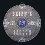 Tablero Dardos Bar Home customizável da cerveja do bar<br><div class="desc">Criar seu próprio conselho de dardo ocidental do bar da casa do estilo do país (oeste selvagem americano rústico) usando este modelo fácil, diy. Feito para olhar como a madeira velha com abundância de flourishes do vintage nas máscaras de branco, cinzas e azul, este conselho de dardo pode ser personalizado...</div>