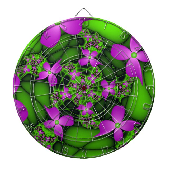 Tablero Dardos Flores Fractais Modernas Abstratas Rosa Verde Neon (Frente)